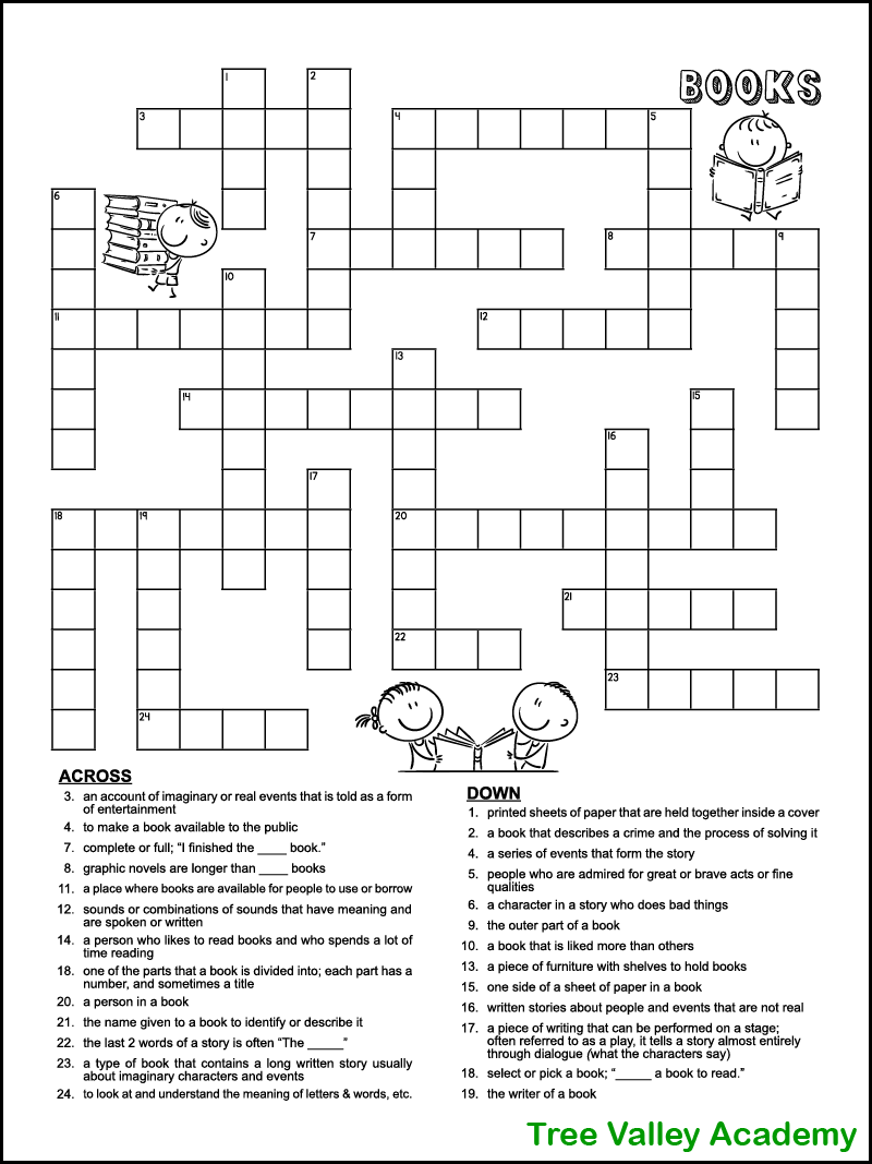 book themed crossword puzzle for kids - tree valley academy